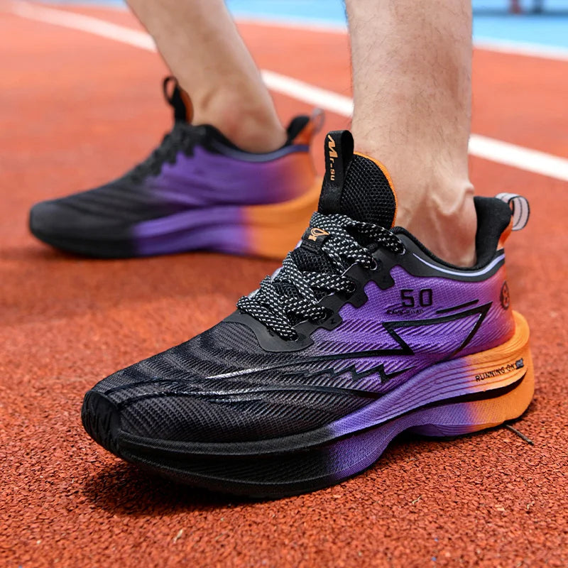 Herrenschuhe Carbon Plate Dämpfung Straßenlaufschuhe Modische bedruckte Schnür-Tennisschuhe Rutschfeste atmungsaktive Sportschuhe